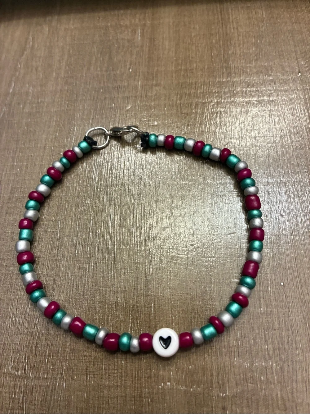 Handmade Pink & Teal Beaded Heart Bracelet